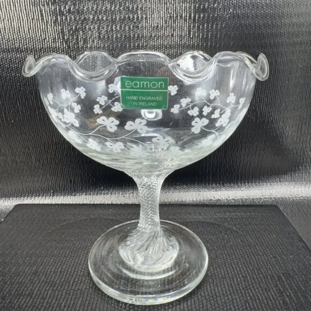 Eamon Glass Engraved Clover Ireland Swirl Footed Compote Dish‎ Bowl Clear Glass